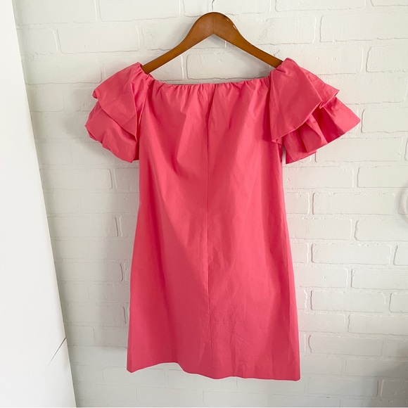 Club Monaco Statement Off-Shoulder Crisp Poplin Cotton Ruffle Micro Dress Coral - Picture 8 of 9